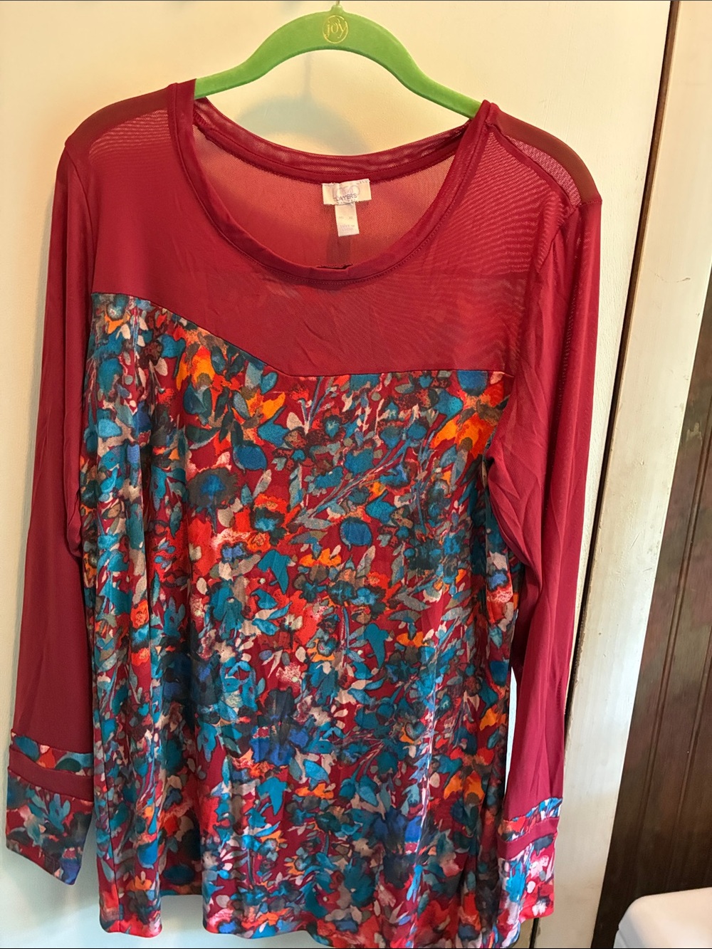 LOGO by Lori Goldstein Burgundy Sheer Sleeve Floral Panel Long-Sleeve Top